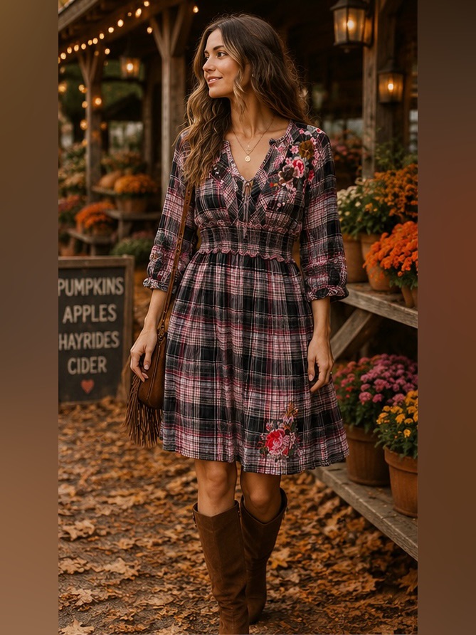 Johnny Was 3j Workshop Embroidered Plaid Flannel Dress Medium Floral Cottagecore